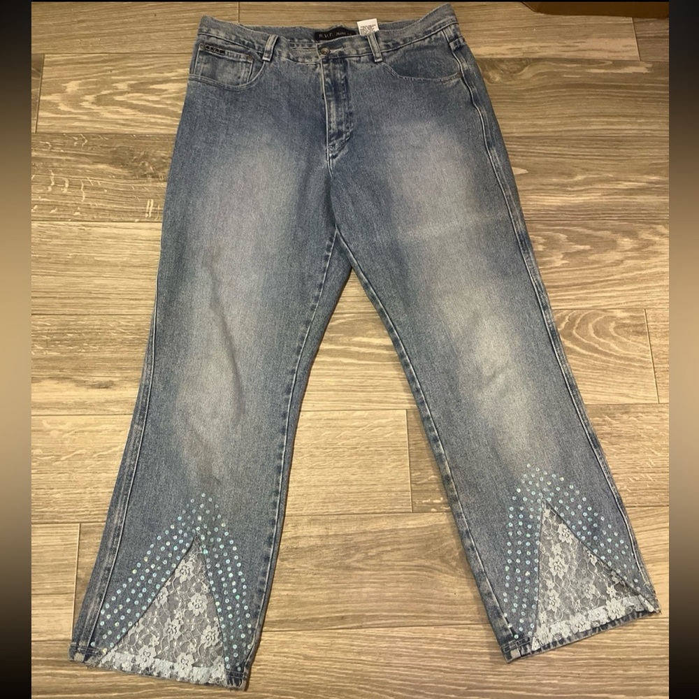 R.V.T. jeans co lace and gem embellished jeans 18 1/2